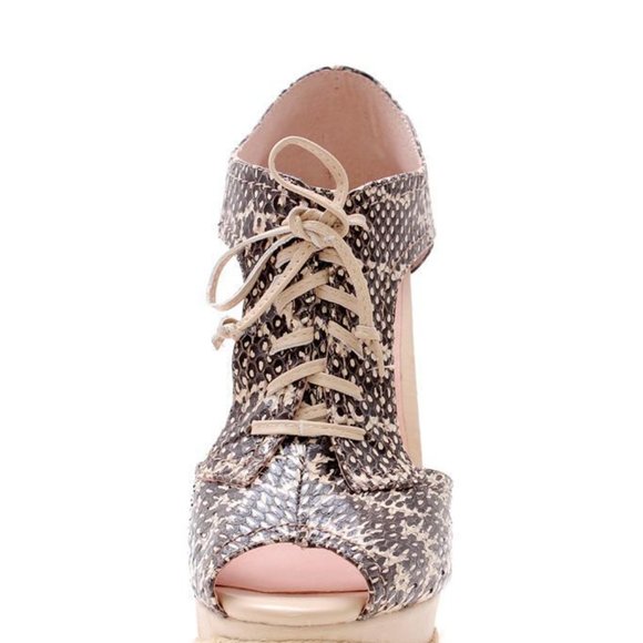 Plomo Esther Wedge Light Peach Snake Snakeskin T-Strap Cut-out lace up Sandal - Picture 2 of 6